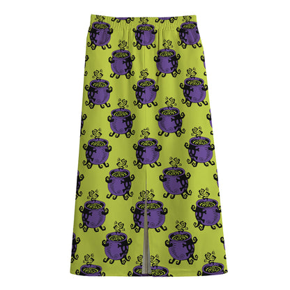 Halloween Witch Cauldron Pattern Print Cotton Front Slit Maxi Skirt