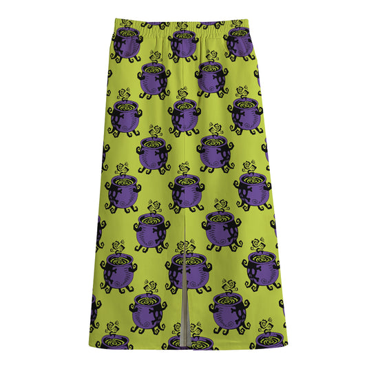 Halloween Witch Cauldron Pattern Print Cotton Front Slit Maxi Skirt
