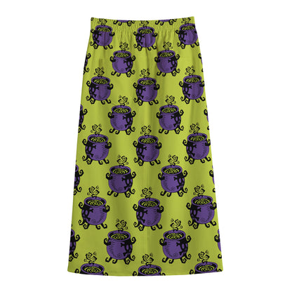 Halloween Witch Cauldron Pattern Print Cotton Front Slit Maxi Skirt