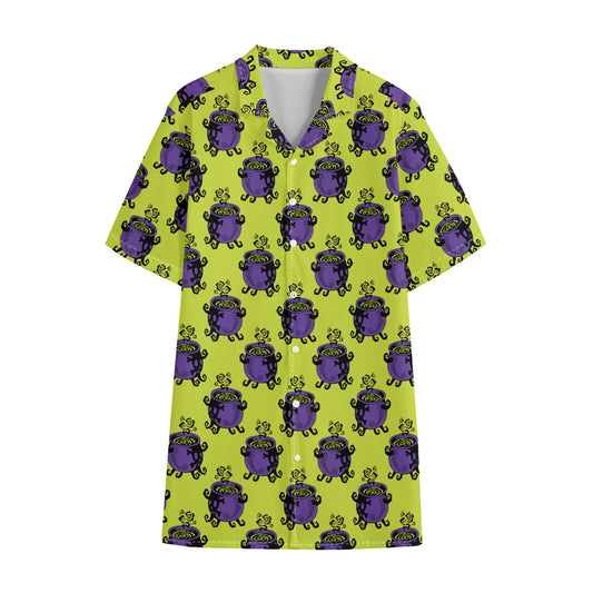 Halloween Witch Cauldron Pattern Print Cotton Hawaiian Shirt