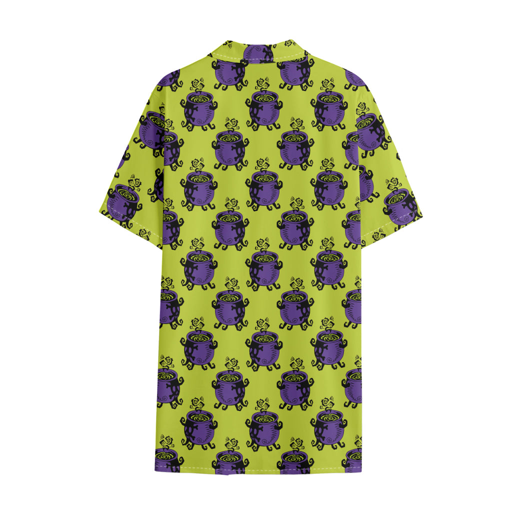 Halloween Witch Cauldron Pattern Print Cotton Hawaiian Shirt