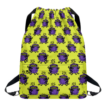 Halloween Witch Cauldron Pattern Print Drawstring Backpack