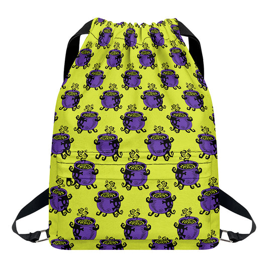 Halloween Witch Cauldron Pattern Print Drawstring Backpack