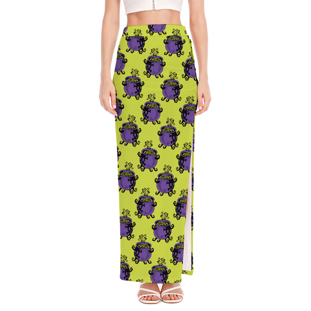 Halloween Witch Cauldron Pattern Print High Slit Maxi Skirt