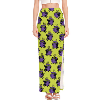Halloween Witch Cauldron Pattern Print High Slit Maxi Skirt