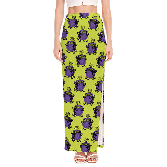 Halloween Witch Cauldron Pattern Print High Slit Maxi Skirt