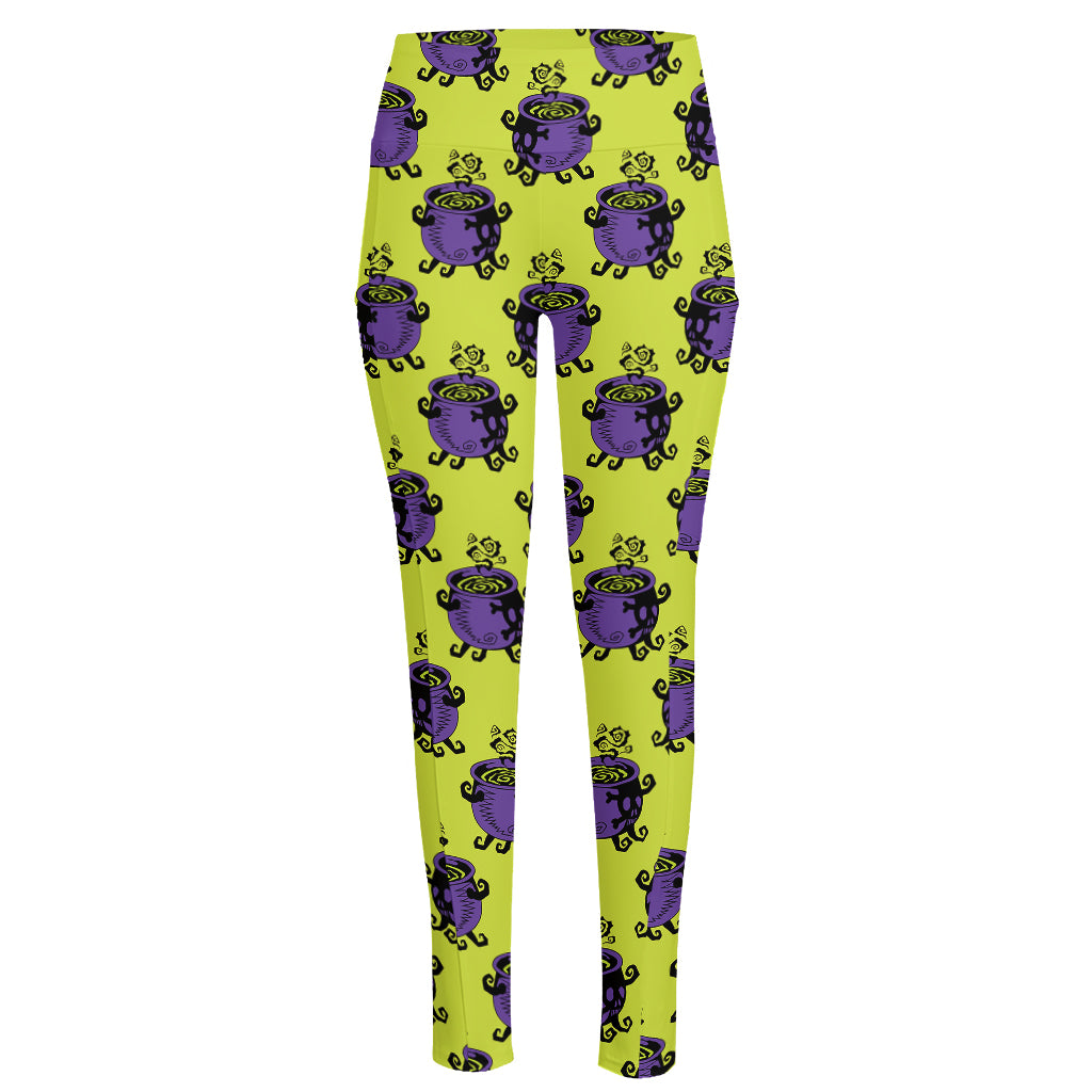 Halloween Witch Cauldron Pattern Print High-Waisted Pocket Leggings