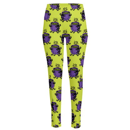 Halloween Witch Cauldron Pattern Print High-Waisted Pocket Leggings