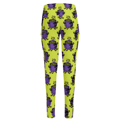 Halloween Witch Cauldron Pattern Print High-Waisted Pocket Leggings