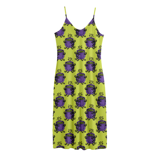 Halloween Witch Cauldron Pattern Print Jersey Midi Cami Dress