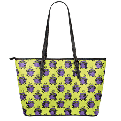 Halloween Witch Cauldron Pattern Print Leather Tote Bag