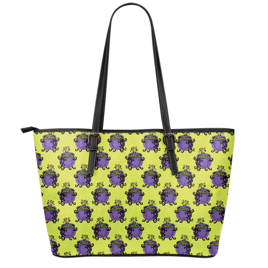 Halloween Witch Cauldron Pattern Print Leather Tote Bag