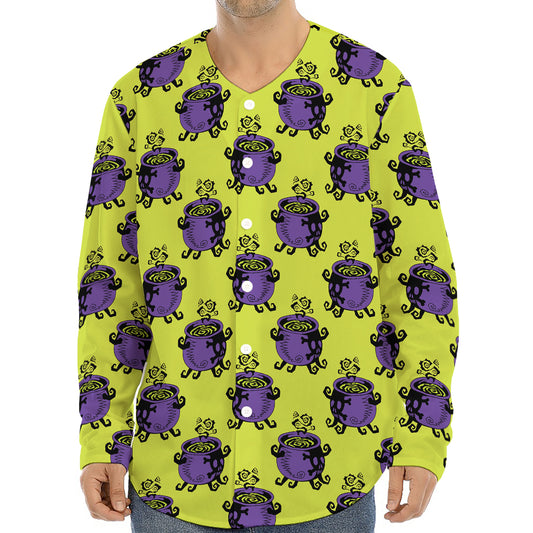 Halloween Witch Cauldron Pattern Print Long Sleeve Baseball Jersey