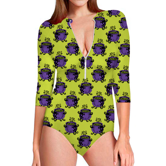 Halloween Witch Cauldron Pattern Print Long Sleeve Swimsuit