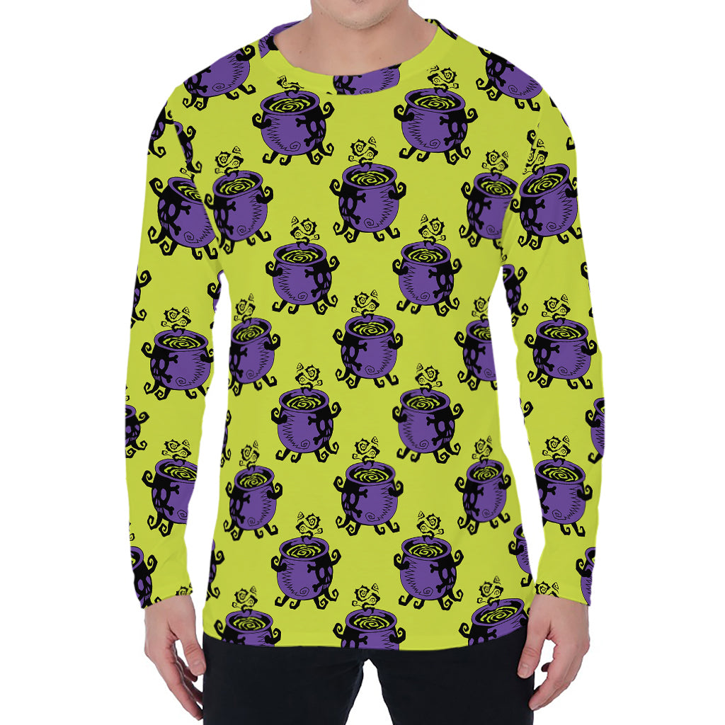 Halloween Witch Cauldron Pattern Print Men's Long Sleeve T-Shirt
