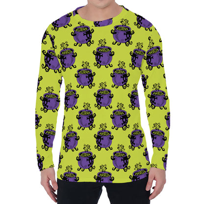 Halloween Witch Cauldron Pattern Print Men's Long Sleeve T-Shirt