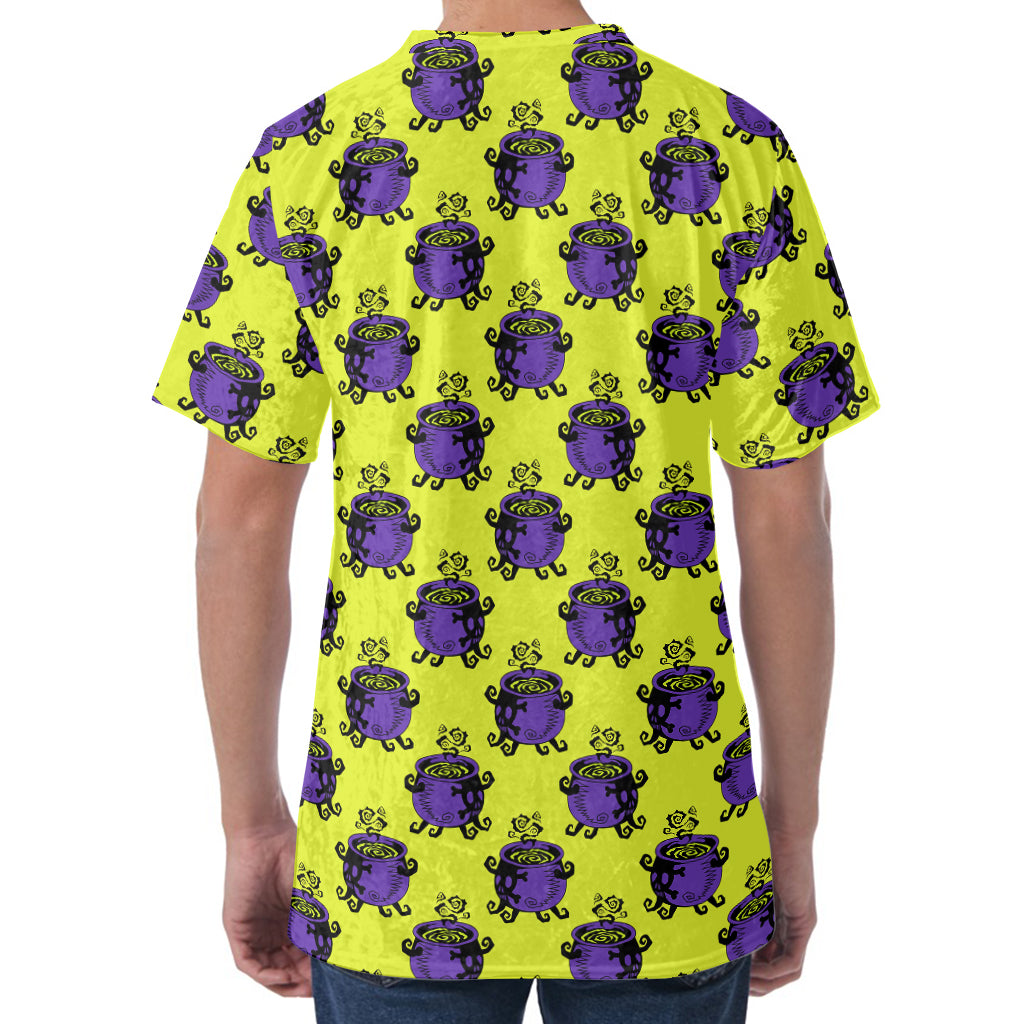 Halloween Witch Cauldron Pattern Print Men's Velvet T-Shirt