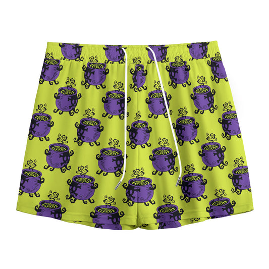 Halloween Witch Cauldron Pattern Print Mesh Shorts