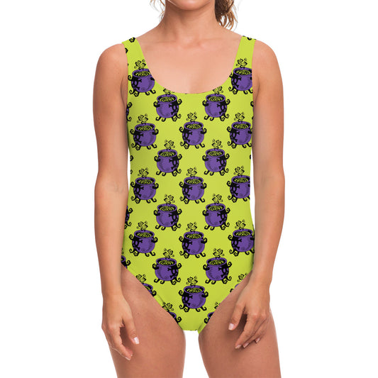 Halloween Witch Cauldron Pattern Print One Piece Swimsuit