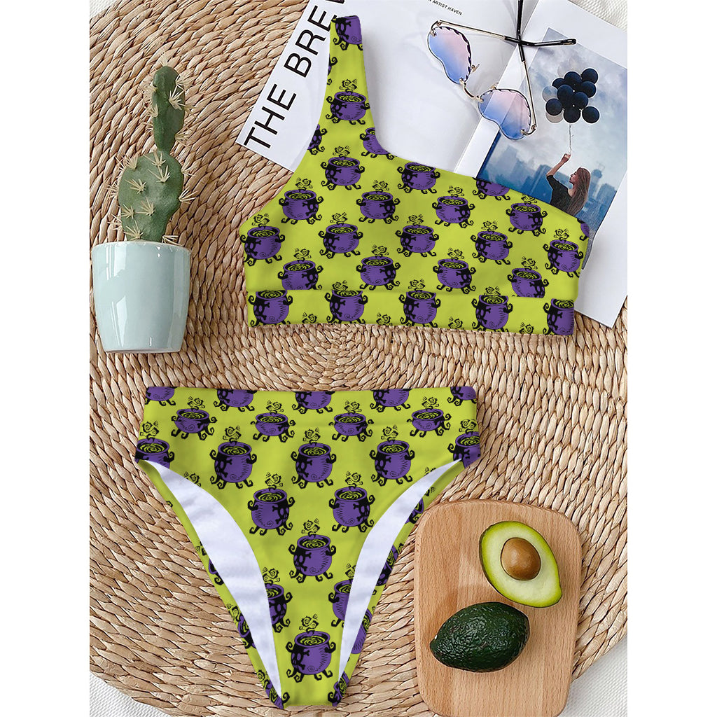 Halloween Witch Cauldron Pattern Print One Shoulder Bikini Top