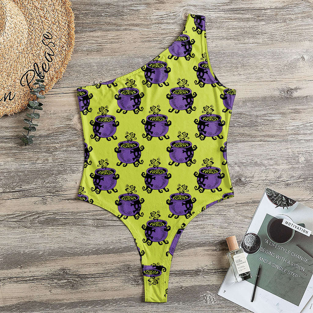 Halloween Witch Cauldron Pattern Print One Shoulder Bodysuit