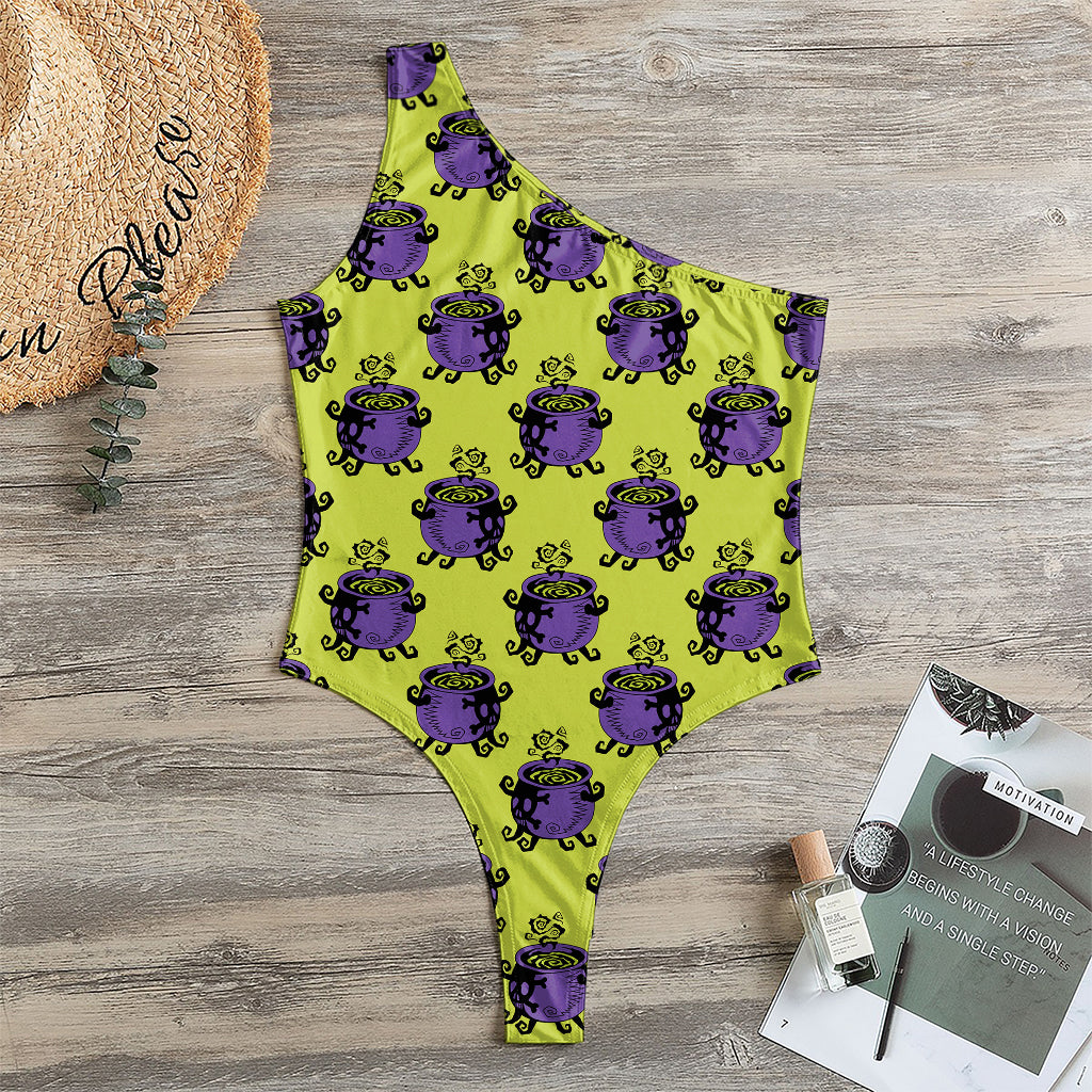 Halloween Witch Cauldron Pattern Print One Shoulder Bodysuit