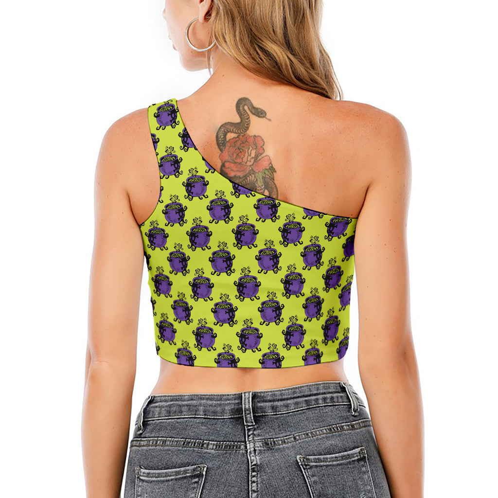 Halloween Witch Cauldron Pattern Print One Shoulder Crop Top