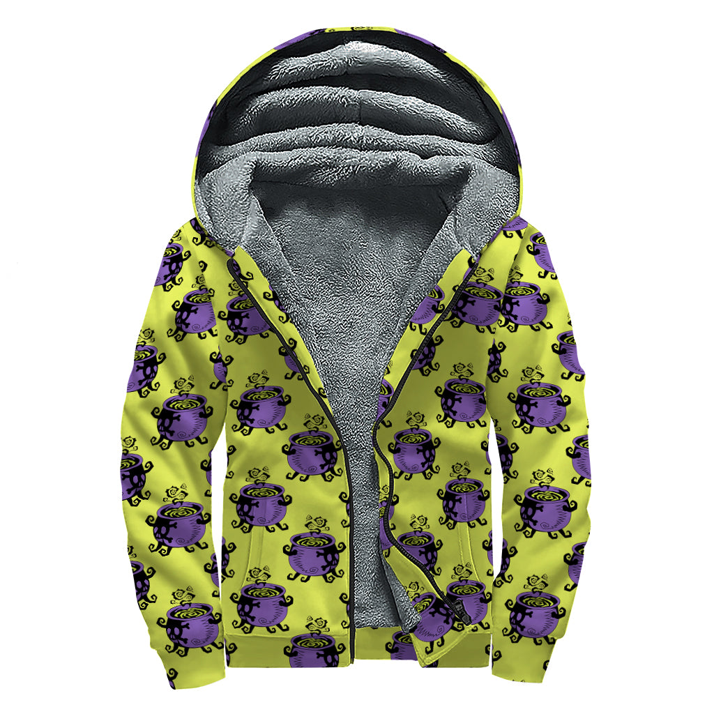 Halloween Witch Cauldron Pattern Print Sherpa Lined Zip Up Hoodie