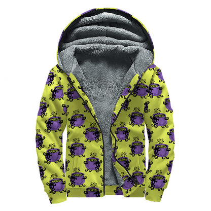 Halloween Witch Cauldron Pattern Print Sherpa Lined Zip Up Hoodie