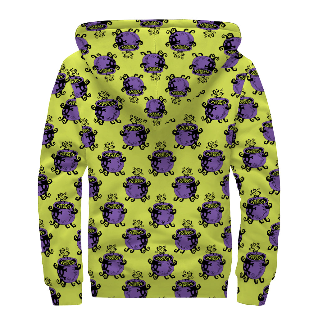 Halloween Witch Cauldron Pattern Print Sherpa Lined Zip Up Hoodie