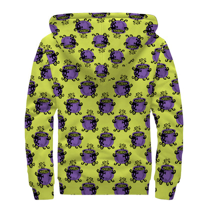 Halloween Witch Cauldron Pattern Print Sherpa Lined Zip Up Hoodie