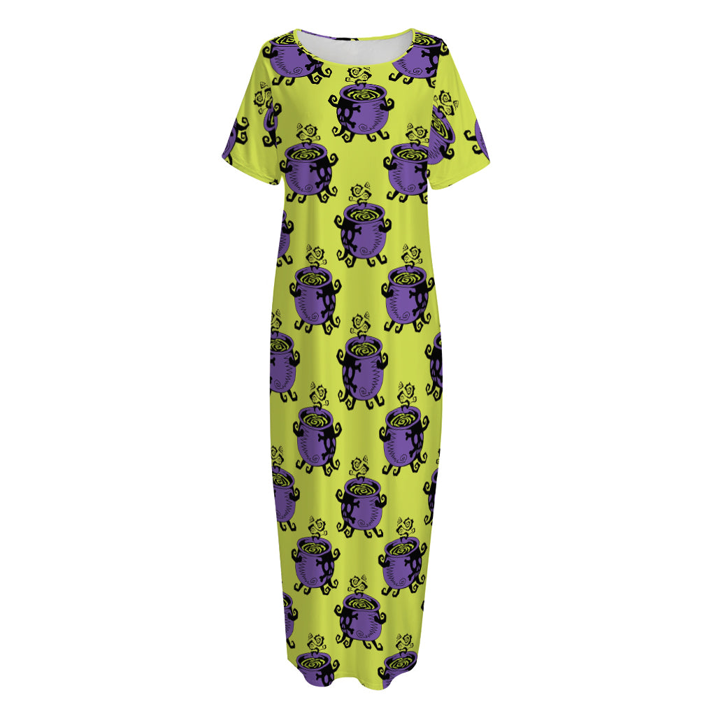Halloween Witch Cauldron Pattern Print Short Sleeve Long Nightdress