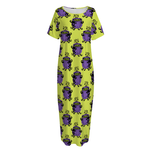 Halloween Witch Cauldron Pattern Print Short Sleeve Long Nightdress