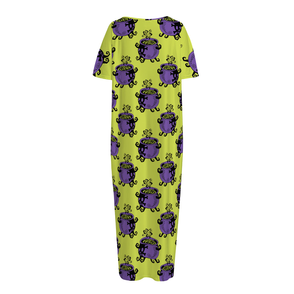 Halloween Witch Cauldron Pattern Print Short Sleeve Long Nightdress