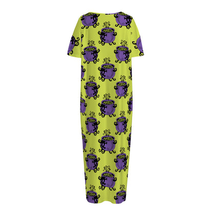 Halloween Witch Cauldron Pattern Print Short Sleeve Long Nightdress