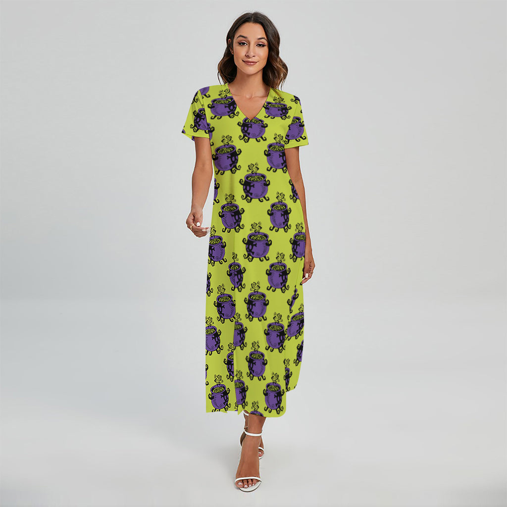 Halloween Witch Cauldron Pattern Print Short Sleeve Maxi Dress