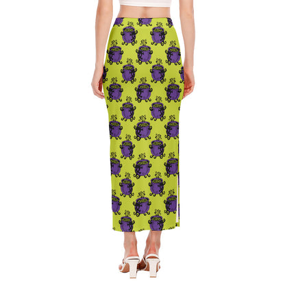 Halloween Witch Cauldron Pattern Print Side Slit Maxi Skirt
