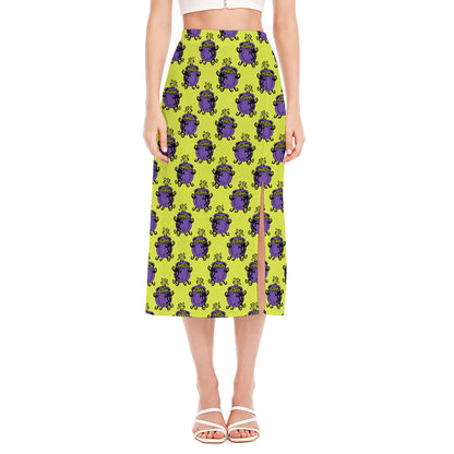 Halloween Witch Cauldron Pattern Print Side Slit Midi Skirt