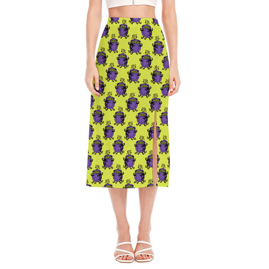 Halloween Witch Cauldron Pattern Print Side Slit Midi Skirt