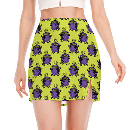 Halloween Witch Cauldron Pattern Print Side Slit Mini Skirt