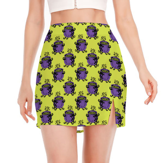 Halloween Witch Cauldron Pattern Print Side Slit Mini Skirt