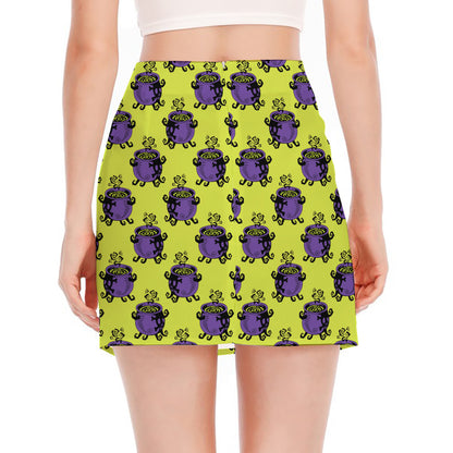 Halloween Witch Cauldron Pattern Print Side Slit Mini Skirt
