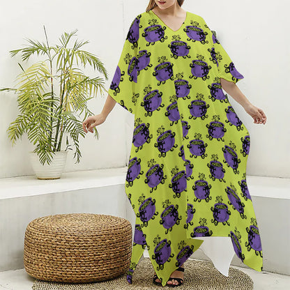 Halloween Witch Cauldron Pattern Print Silk V-Neck Kaftan Dress