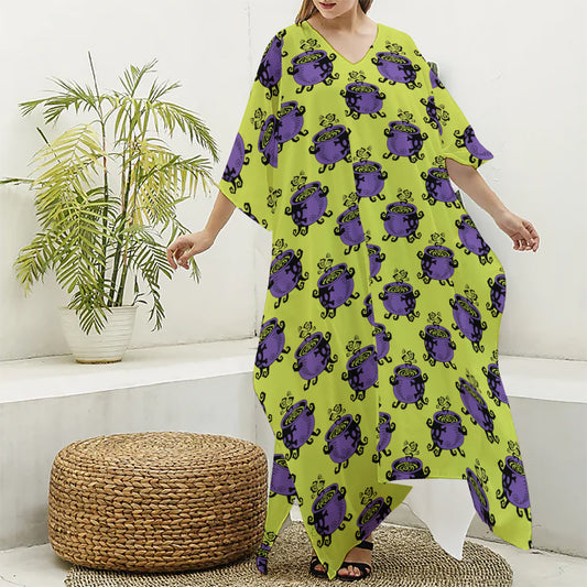 Halloween Witch Cauldron Pattern Print Silk V-Neck Kaftan Dress