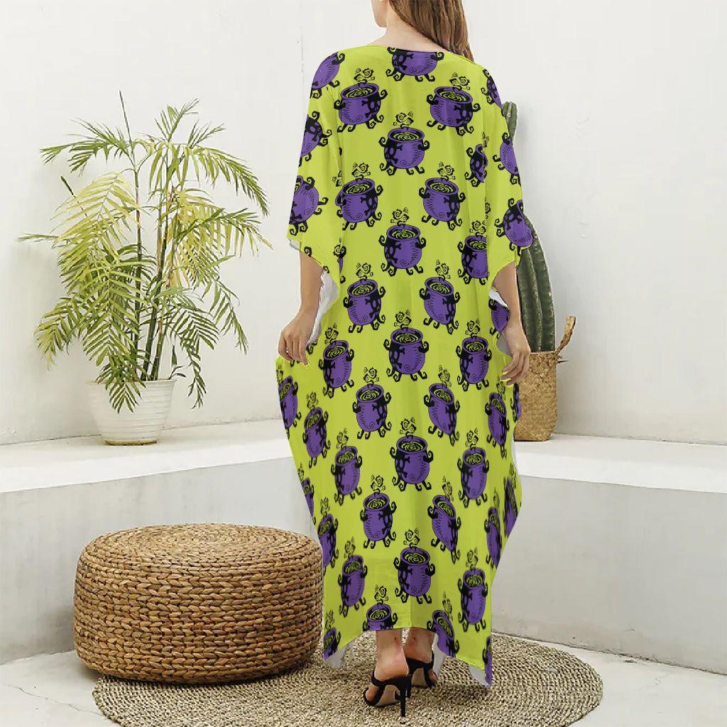Halloween Witch Cauldron Pattern Print Silk V-Neck Kaftan Dress