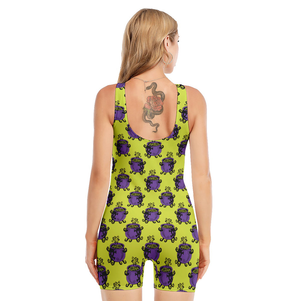Halloween Witch Cauldron Pattern Print Sleeveless One Piece Swimsuit