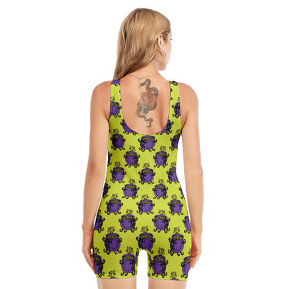 Halloween Witch Cauldron Pattern Print Sleeveless One Piece Swimsuit