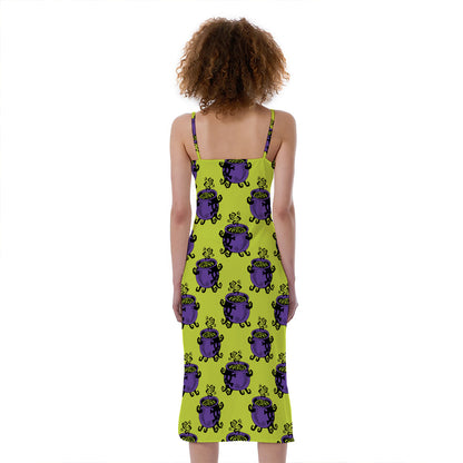 Halloween Witch Cauldron Pattern Print Slim Fit Midi Cami Dress