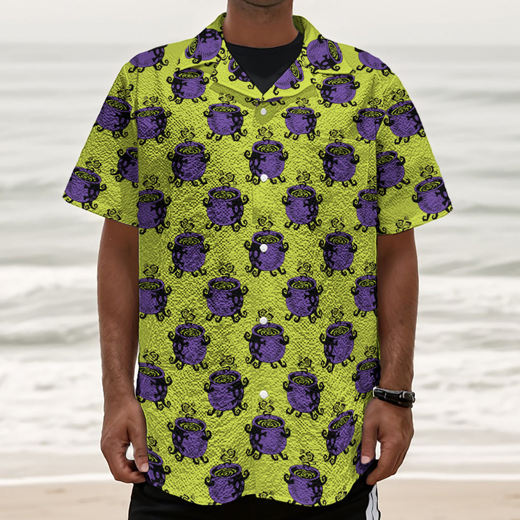 Halloween Witch Cauldron Pattern Print Textured Short Sleeve Shirt