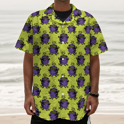 Halloween Witch Cauldron Pattern Print Textured Short Sleeve Shirt